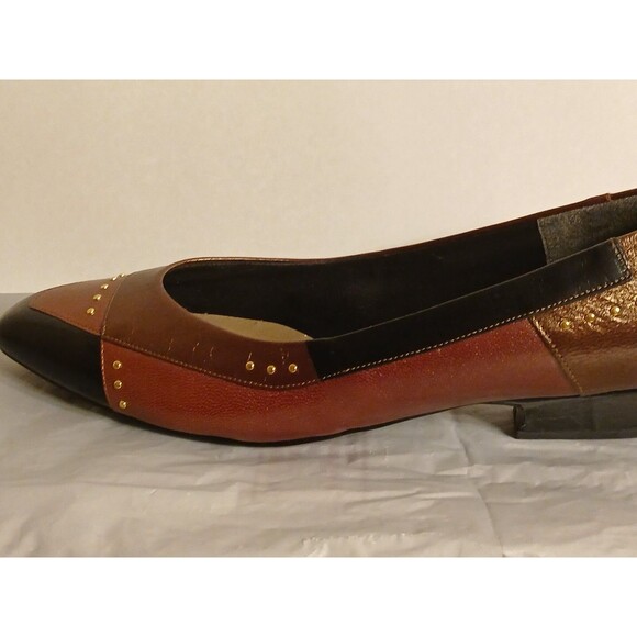 80s Selby Comfort Flex Colorblock Browns/Black Leather Gold Dots Low Heel 9.5 - Picture 1 of 16